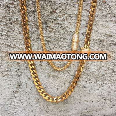 18K Gold Diamond Clasp Cuban Link Chains Necklace Mjcn056